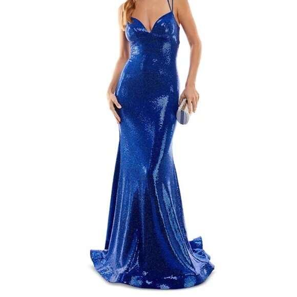 B Darlin Juniors' Sweetheart-Neck Lace-Up-Back Gown, Saphire/Silver Size 7/8 - Picture 5 of 5